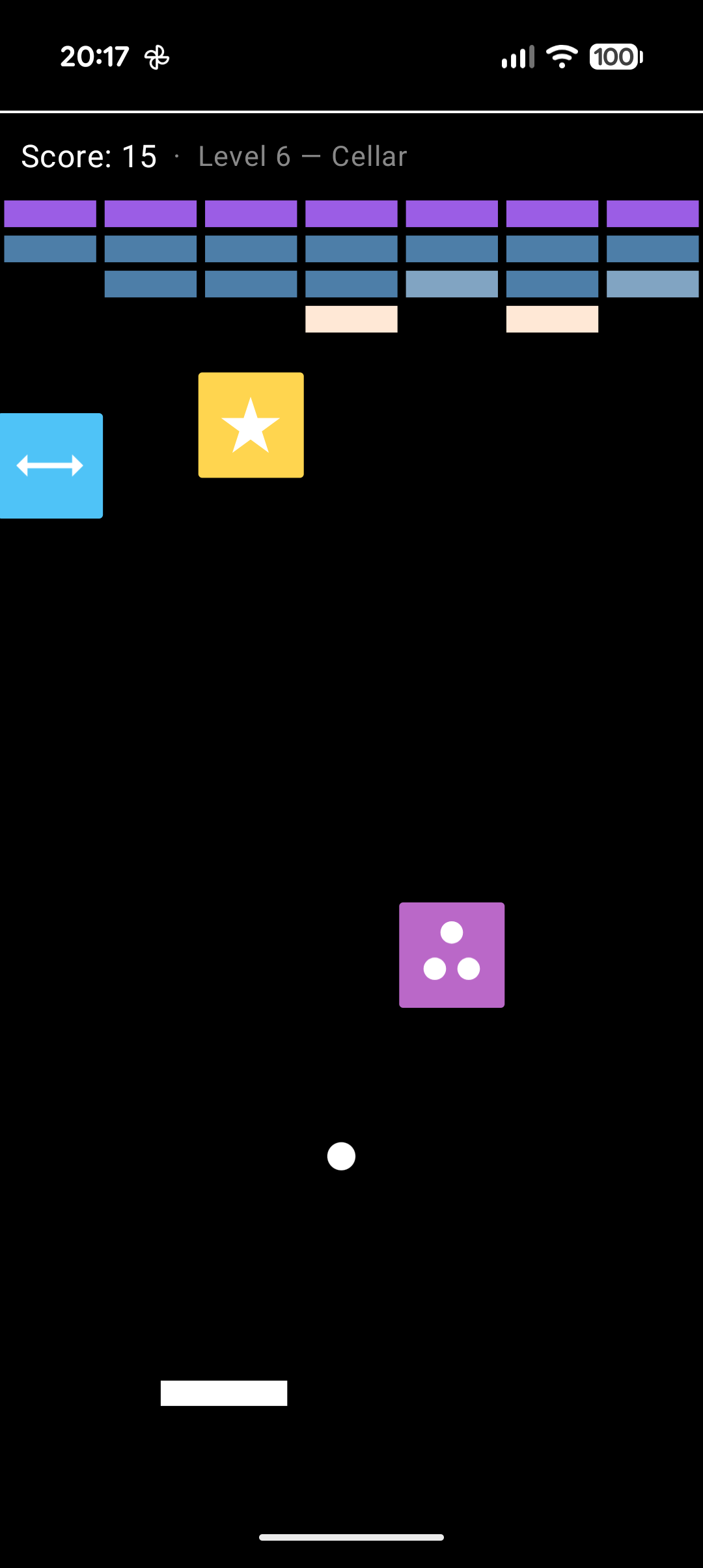 Bricko level 6 with three power-ups falling at once